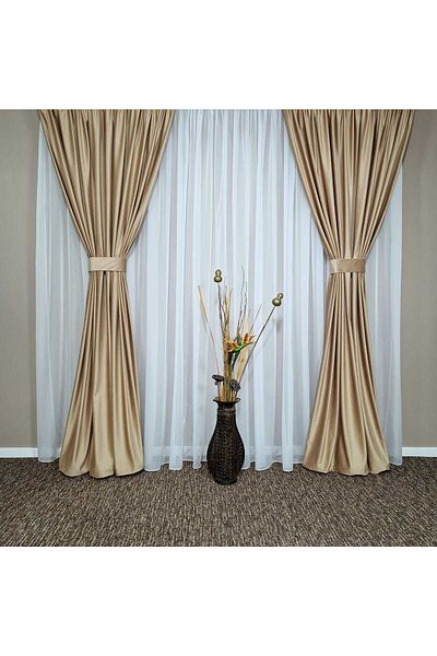 Mastel Set of 2 luxury velvet curtains Cappuccino with ivory veil curtain