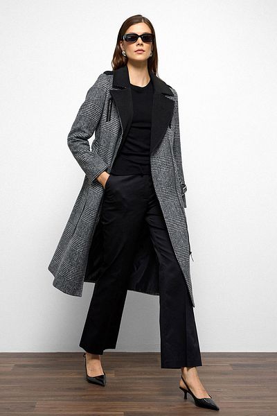 Olcay Plaid Coat with Zipper and Garni Detail Black 3106