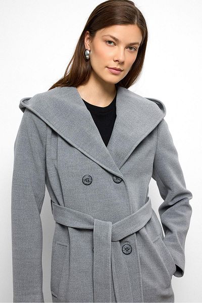 Olcay Hooded Double Breasted Short Coat Gray 3103