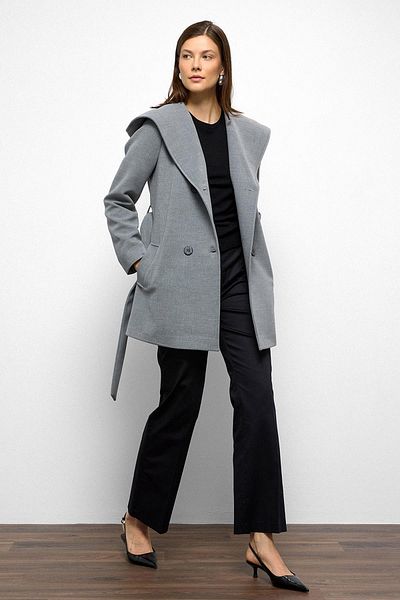 Olcay Hooded Double Breasted Short Coat Gray 3103