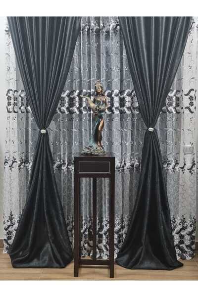 Mastel Set of 2 blackout curtains with black and white embroidered curtain model BR6