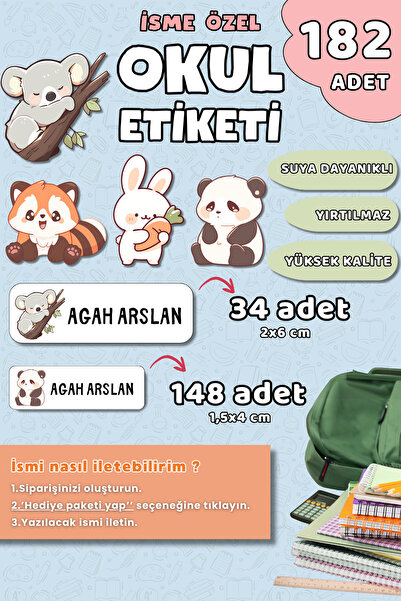 Hume Craft 182 Adet Sevimli Hayvanlar Temalı İsme Özel Okul Etiketi Kalem ve ...