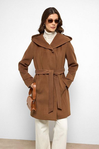 Olcay Hooded Punto Stitch Detailed Coat Taba 3102