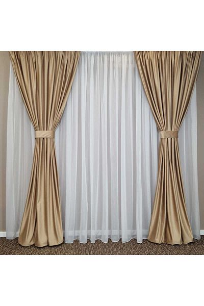 Mastel Set of 2 luxury velvet curtains Cappuccino with ivory veil curtain