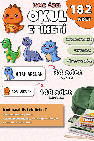 Hume Craft 182 Adet Sevimli Dinozor Temalı İsme Özel Okul Etiketi Kalem ve De...