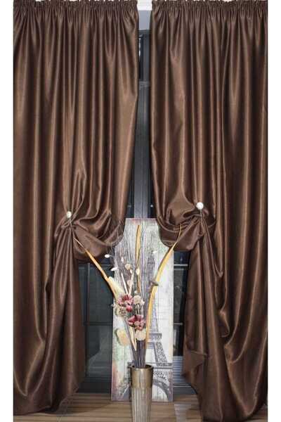 Mastel Set of 2 curtains, brown color, velvety plain pattern