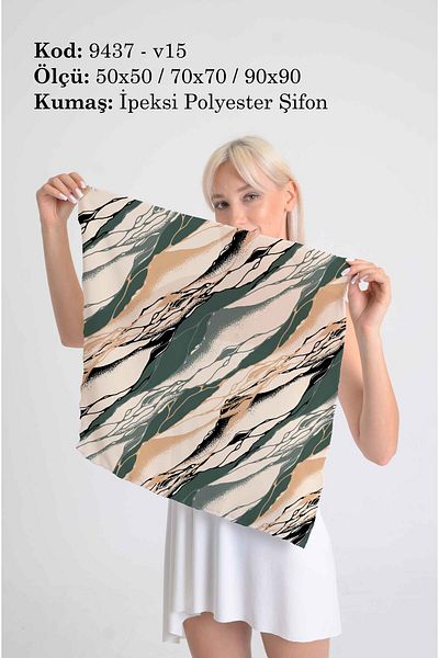 DESENİX Abstract Wave Patterned Scarf |   Olive Green |   50X50 - 70X70 - 90X90Cm |   Silky Chiffon Fabric