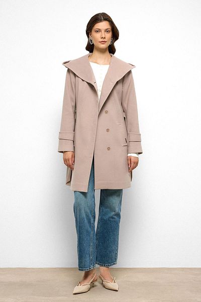 Olcay Hooded Punto Stitch Detailed Coat Taş 3102