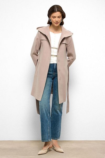 Olcay Hooded Cape Detailed Coat Stone 3109