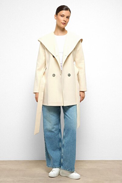 Olcay Hooded Double Breasted Short Coat Ecru 3103