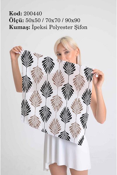 DESENİX Natural Leaf Patterned Scarf |   White Background |   50X50 - 70X70 - 90X90Cm |   Silky Polyester Chiffon