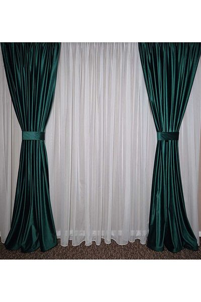 Mastel Set of 2 luxury green velvet curtains with ivory veil curtain