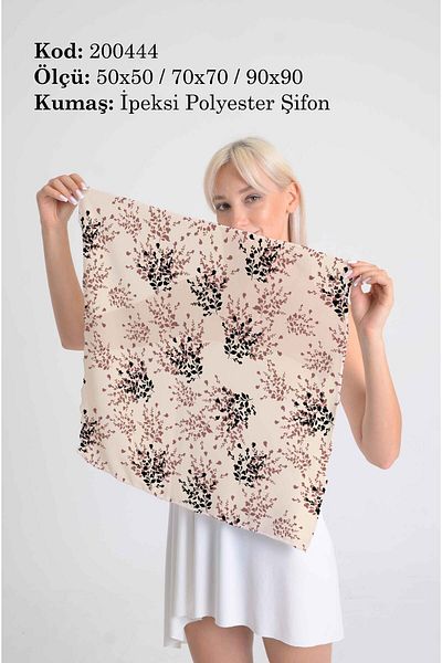 DESENİX Powder Branch Flower Patterned Scarf |   Beige Floor |   50X50 - 70X70 - 90X90Cm |   Silky Polyester Chiffon
