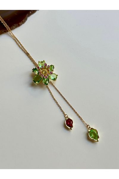 YOUES JEWELRY Idyllia Necklace Green Flower Elevator Y Necklace