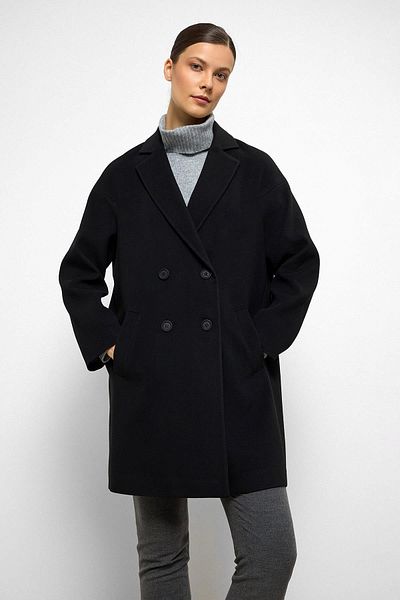 Olcay Patterned Lined Oversize Double Breasted Coat Black 3095