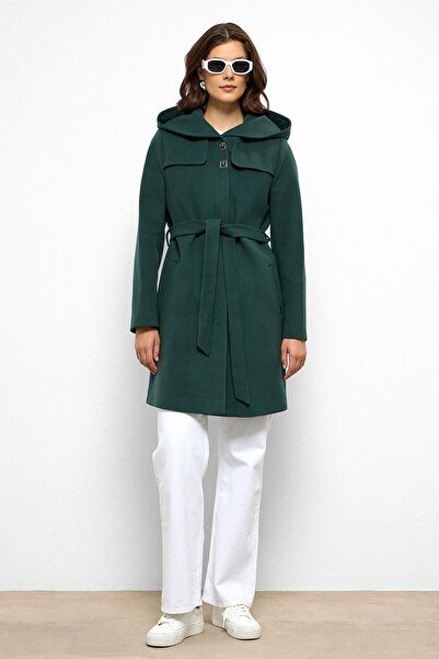 Olcay Hooded Cape Detailed Coat Green 3109
