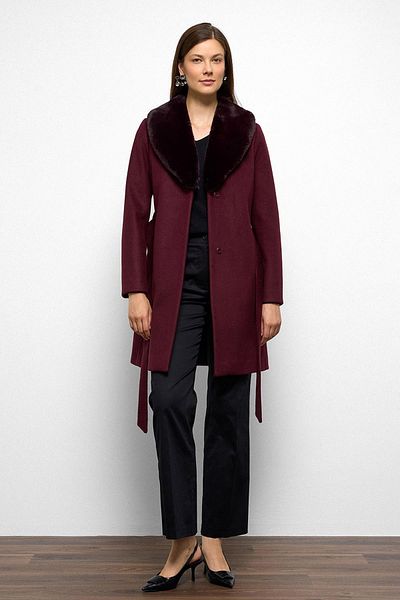 Olcay Shawl Collar Fur Waist Tied Coat Murdum 3093