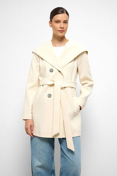 Olcay Hooded Double Breasted Short Coat Ecru 3103