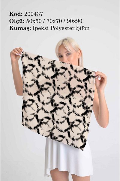 DESENİX Abstract Black Texture Patterned Scarf |   Beige Floor |   50X50 - 70X70 - 90X90Cm |   Silky Polyester Chiffon