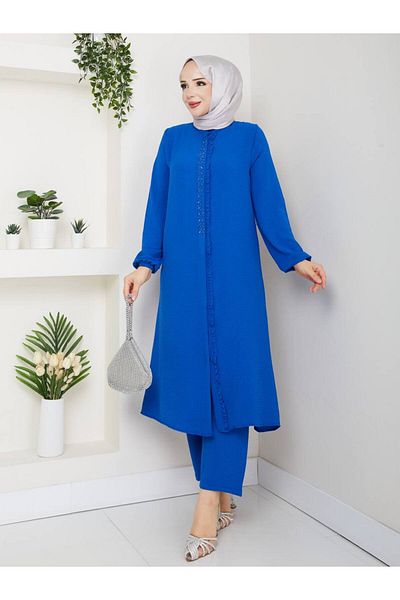 Monchoix Women's Stone and Ruffle Detailed Long Tunic Trousers Double Hijab Set