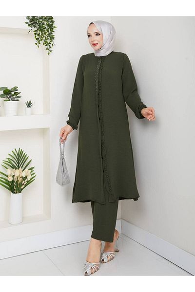 Monchoix Set de pantaloni lungi cu tunică pentru femei, cu detalii de piatră și volane