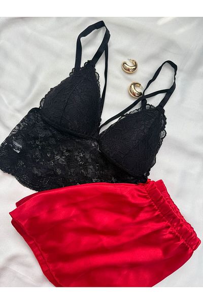 İNKO İÇ GİYİM Bustier Lace Detailed Satin Shorts Set