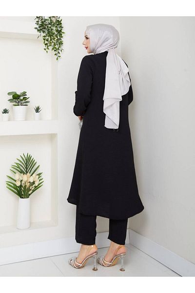 Monchoix Set de pantaloni lungi cu tunică pentru femei, cu detalii de piatră și volane