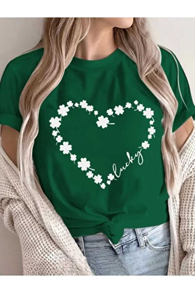 Trend Sizde Μπλουζάκι με κοντό μανίκι με τυπωμένο σχέδιο τριφύλλι και γράμματα αγάπης