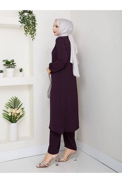 Monchoix Women's Stone and Ruffle Detailed Long Tunic Trousers Double Hijab Set