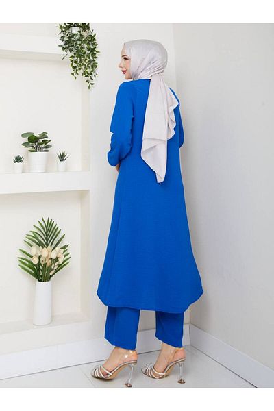 Monchoix Women's Stone and Ruffle Detailed Long Tunic Trousers Double Hijab Set