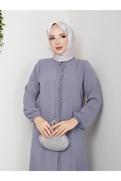 Monchoix Women's Stone and Ruffle Detailed Long Tunic Trousers Double Hijab Set