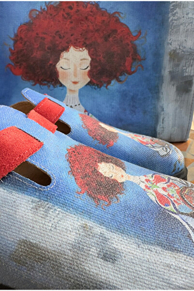 Lemoors Justine Natural Cork Sole Inner Genuine Leather Blue Color Printed over Canvas Sabo Slippers