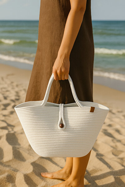 Efuliz Home Jute Straw White Color Beach Bag, Daily Long Handle Shoulder Bag, Handmade Natural Trend Bag