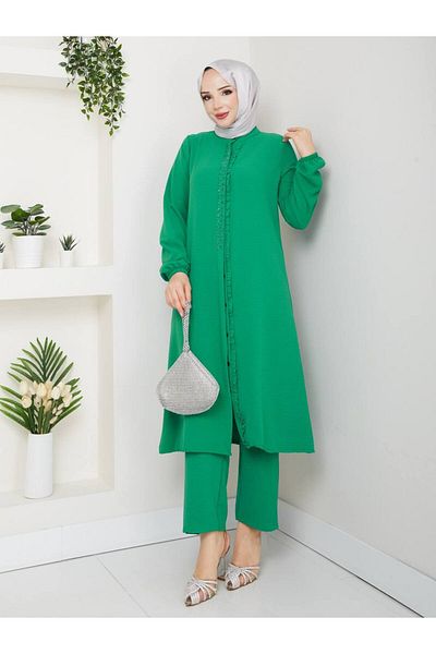 Monchoix Set de pantaloni lungi cu tunică pentru femei, cu detalii de piatră și volane