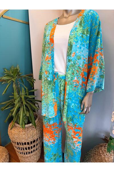DOLCE QUEEN Women's Turquoise Colored Ethnic Patterned Kimono Double Set