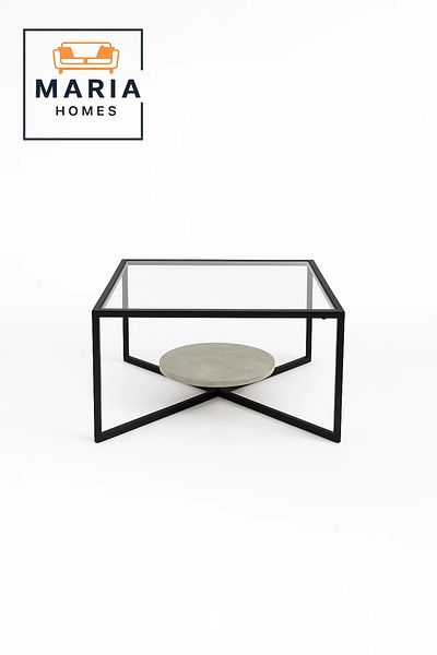 MARIA HOMES Square Glass Coffee Table with Black Frame and Stone Accent Base