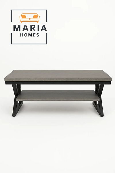 MARIA HOMES طاولة قهوة عصرية رمادية بمظهر حجري مع رف - تصميم مستطيل من طبقتين