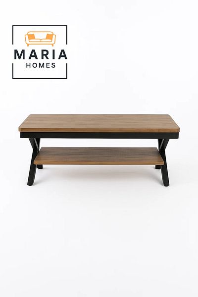 MARIA HOMES طاولة قهوة صناعية ريفية مع رف سفلي - مستطيلة، مصنوعة من الخشب والمعدن