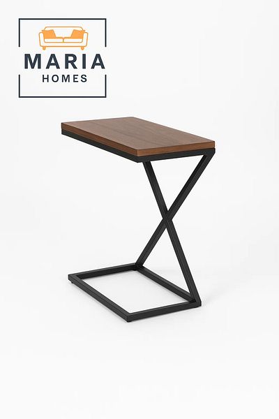 MARIA HOMES Z-Shaped C-Side Table with Wood Top and Black Metal Base