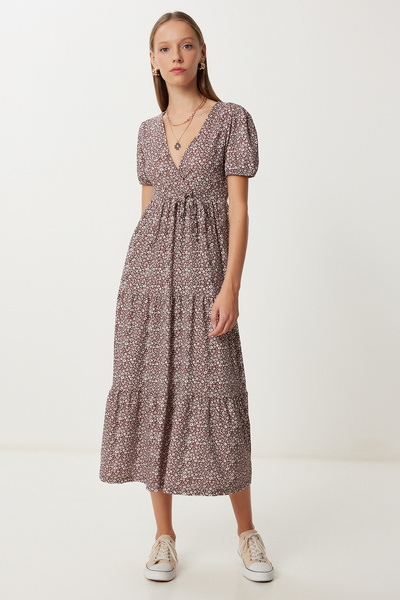 Lovelyİstanbul Πλεκτό φόρεμα με μοτίβο με βολάν LUB0166 ΚΑΦΕ ΕΚΡΟΥ