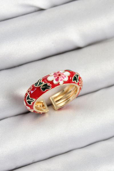 norsary Brass Red Enamel Flower Motif Gold Color Adjustable Women's Ring