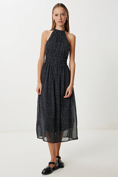 Lovelyİstanbul Rochie Midi din Sifon cu Motiv LFG0083 NEGRU ECRU