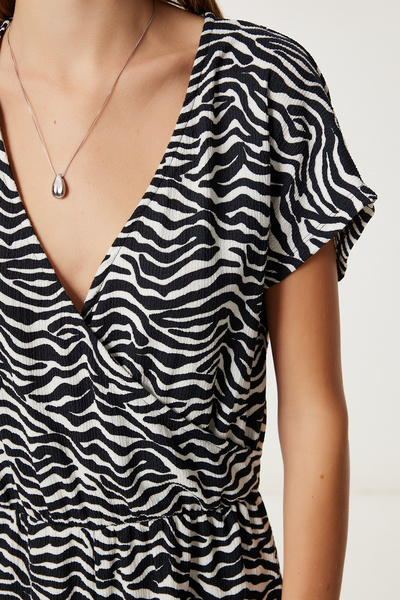 Lovelyİstanbul Patterned Mini Crinkle Knitted Jumpsuit Lub0181 Black Ecru