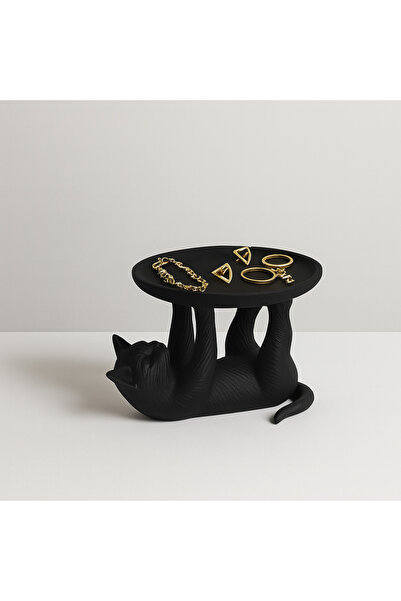 DNRYSL حامل مجوهرات مزخرف على شكل قطة ومنظم مكياج، مادة PLA، منظم بسيط، أسود