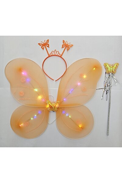 Beryka Turuncu LED Işıklı Kelebek Kanat Seti - Taç ve Değnekli - Kız Çocuk Ko...