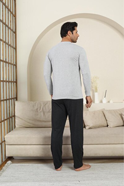 LİLA İÇ GİYİM Ανδρικό Σετ Πιτζάμες Βαμβακερό Μακρυμάνικο Γκρι