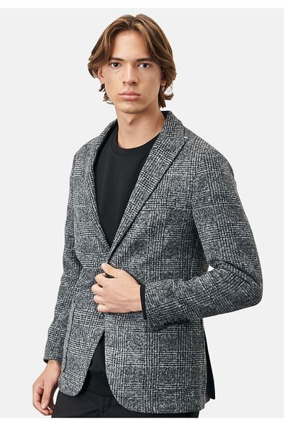 AC&Co / Altınyıldız Classics Men's Black-gray Slim Fit Slim Fit Turtleneck Collar Plaid Patterned Woolen Jacket