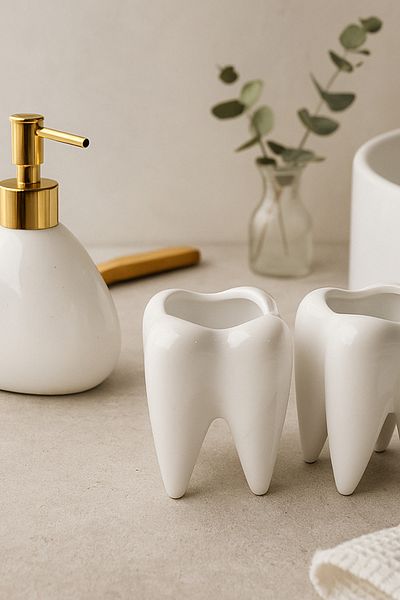 Minole Handmade Ceramic Toothbrush Holder & Soap Dish Set with Gold Lid – Modern Bathroom Accessories