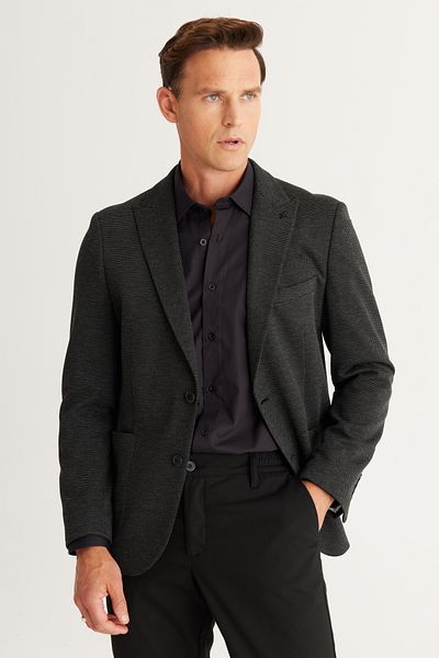 AC&Co / Altınyıldız Classics Men's Black-Anthracite Slim Fit Slim Fit Swallow Collar Patterned Blazer Jacket