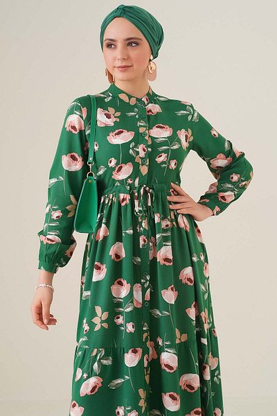 Merterium Women's Judge Collar Hijab Dress C.Green 1054